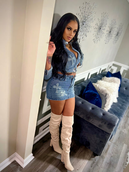 Cross Denim Mini Skirt Set